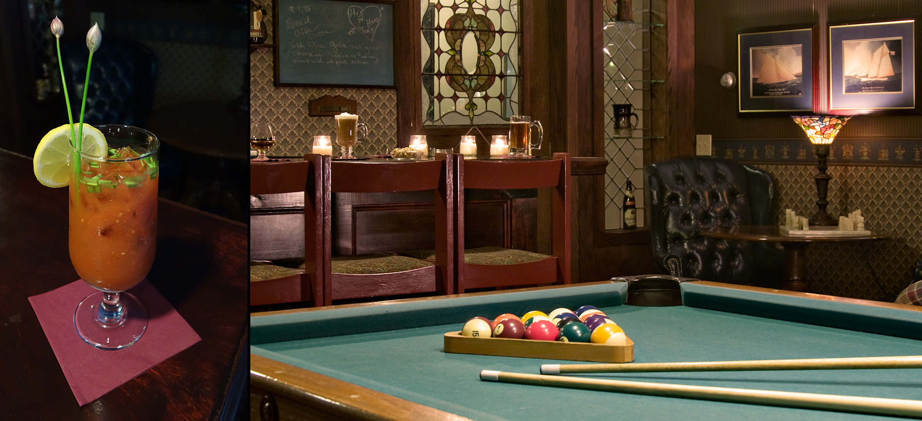 Frosty Virgin Mary on bar on left, bar with pool table in front on right