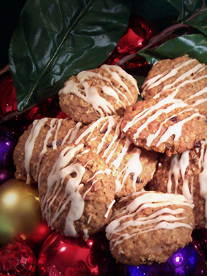 Breakfast Cookies with Christmas ornaments & holly