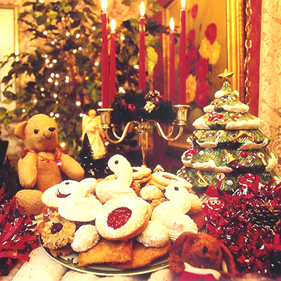 Xmas cookies  with teddy bear and candleabra
