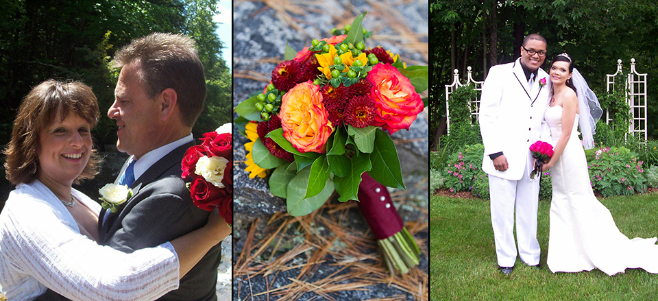 bride & groom hugging, yellow & burgunday wedding bouquet, bride & groom standing in front of garden