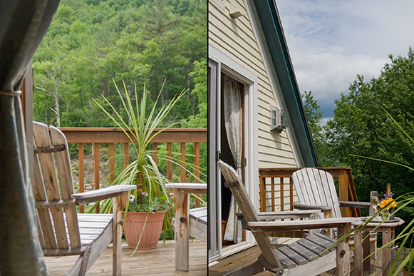 Two images of Adirondack chairs & plants on balcony with railing, table with wine & flowers