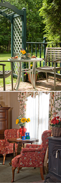 Table & chairs on patio with breakfast, two wing chairs, table, woodstove in sitting room